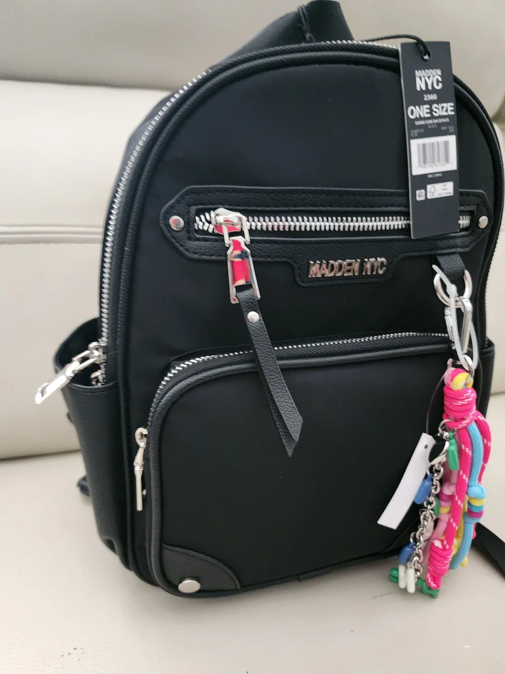 Madden NYC Black Mini Backpack with Colorful Keychain Accent